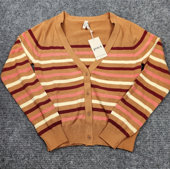 Pact Sweaters - Pact Womens Warm Spice Stripe Classic Fine Knit Cardigan Sweater Size Small NWT